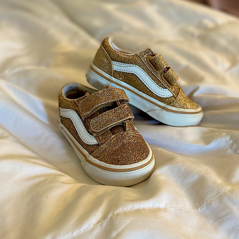 Vans Gold and White Glitter Velcro Shoes Toddler 6